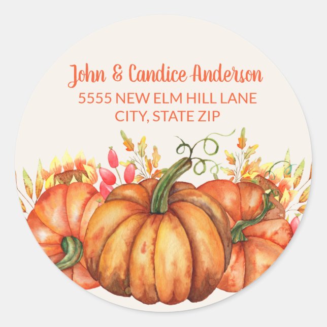 Orange Pumpkins Fall Leaves Thanksgiving Address Classic Round Sticker (Front)
