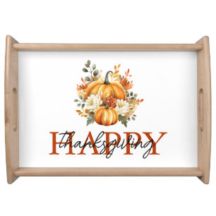 Orange Pumpkins & Flowers Fall Thanksgiving Serving Tray