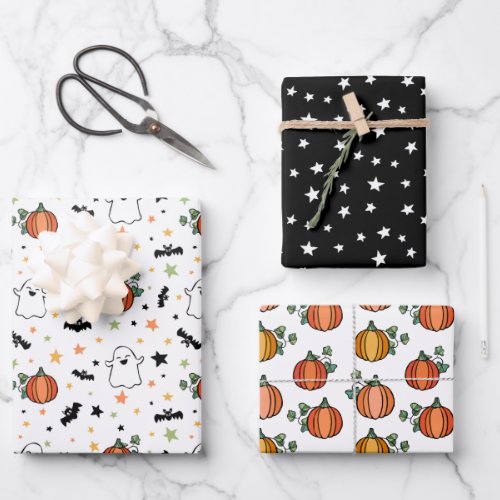 Orange Pumpkins Ghosts Halloween Mixed Patterns Wrapping Paper Sheets