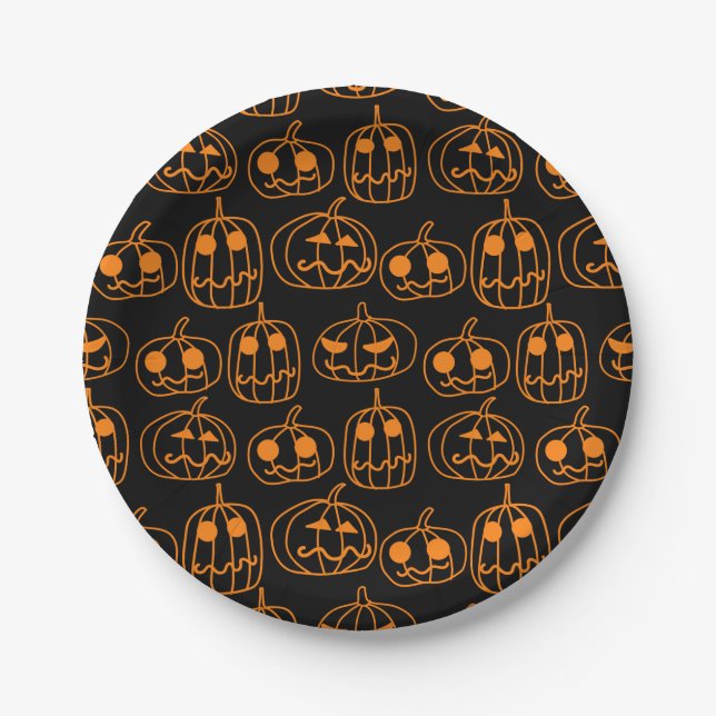 Orange Pumpkins Halloween Pattern Paper Plates (Front)