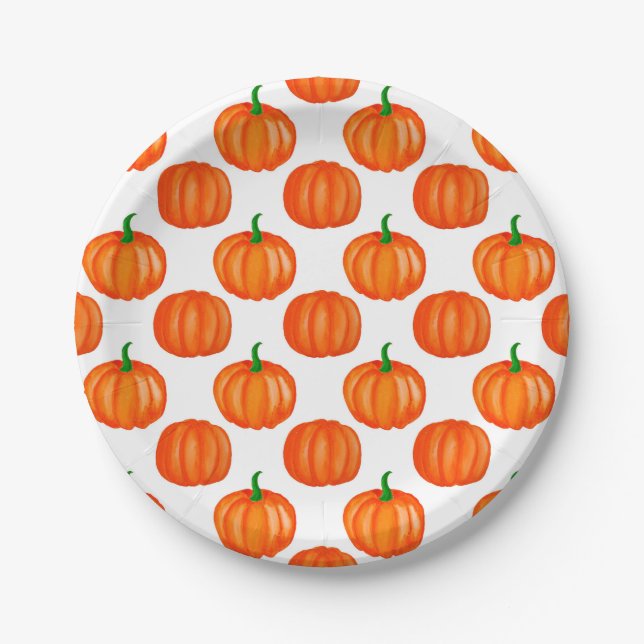 Orange Pumpkins Pattern Halloween Thanksgiving Paper Plates (Front)