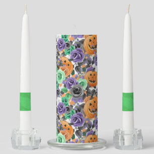 ORANGE PUMPKINS & PURPLE GREEN BLACK FLOWERS UNITY CANDLE SET