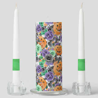 ORANGE PUMPKINS & PURPLE GREEN BLACK FLOWERS UNITY CANDLE SET