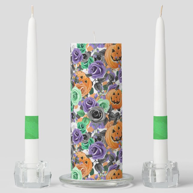 ORANGE PUMPKINS & PURPLE GREEN BLACK FLOWERS UNITY CANDLE SET (Front)
