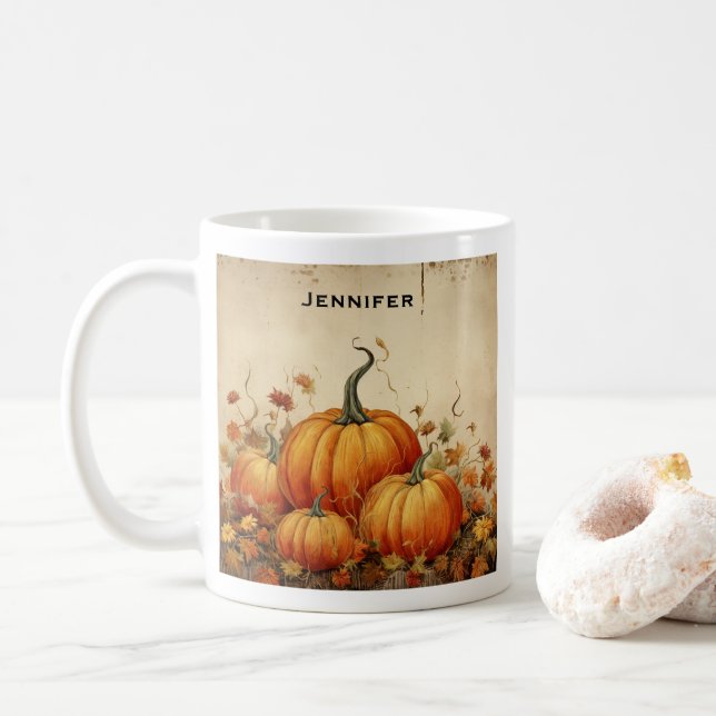 Orange Pumpkins Rustic Autumn Coffee Mug (With Donut)