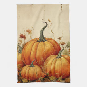 Orange Pumpkins Rustic Autumn Kitchen Towel