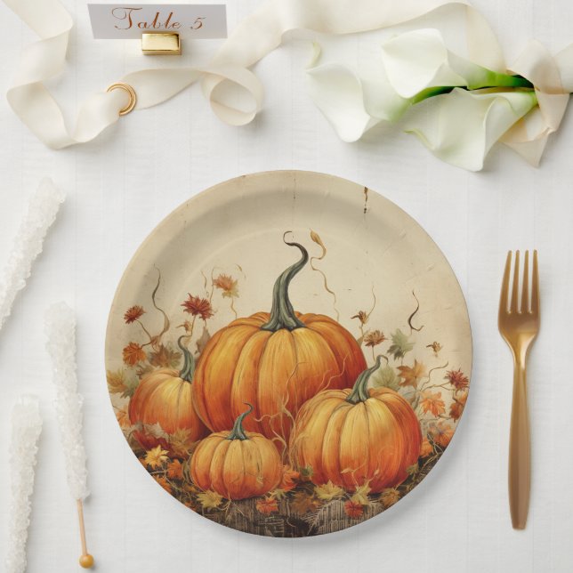 Orange Pumpkins Rustic Autumn Paper Plates (Wedding)