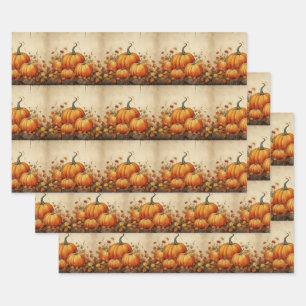 Orange Pumpkins Rustic Autumn Pattern Wrapping Paper Sheets