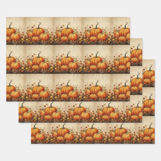 Orange Pumpkins Rustic Autumn Pattern Wrapping Paper Sheets (Set)