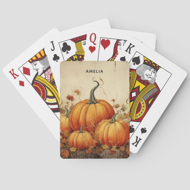 Orange Pumpkins Rustic Autumn Poker Cards (Back)