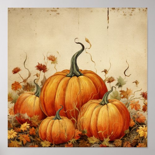 Orange Pumpkins Rustic Autumn Poster