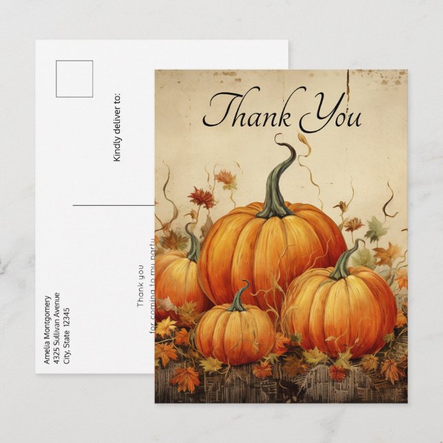 Orange Pumpkins Rustic Autumn Thank You Postcard (Front/Back)