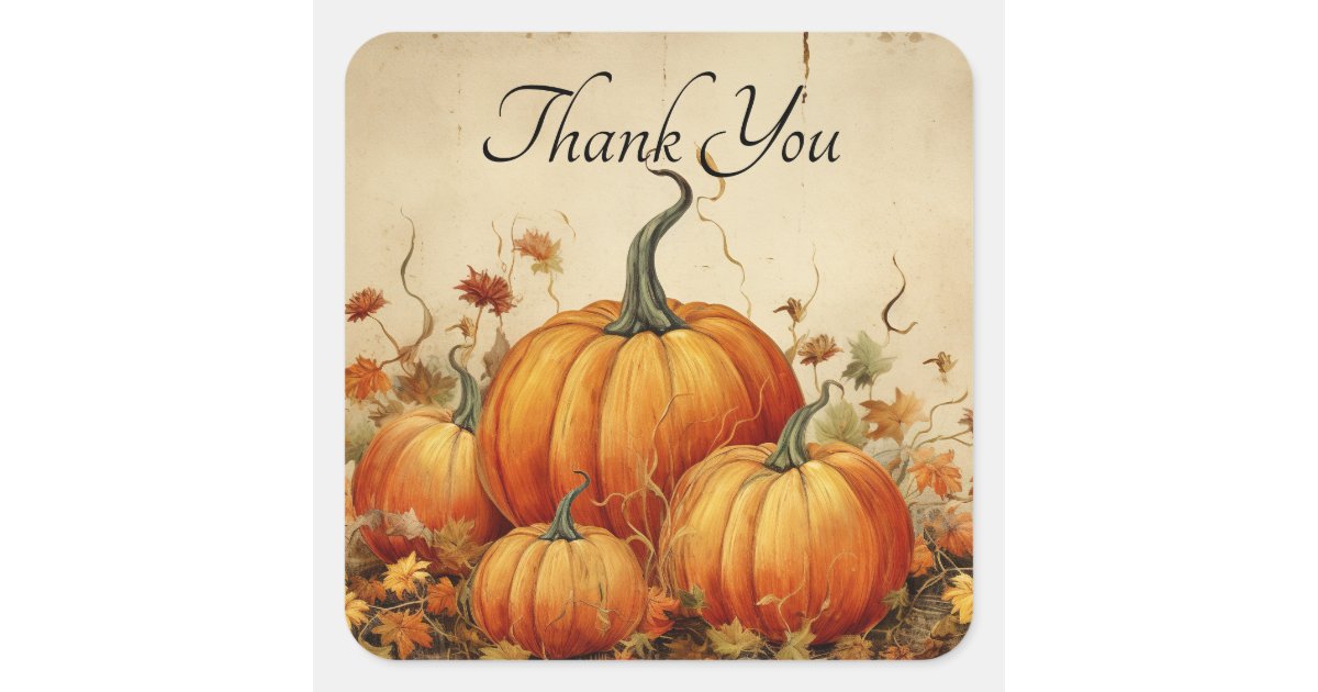 Orange Pumpkins Rustic Autumn Thank You Square Sticker | Zazzle