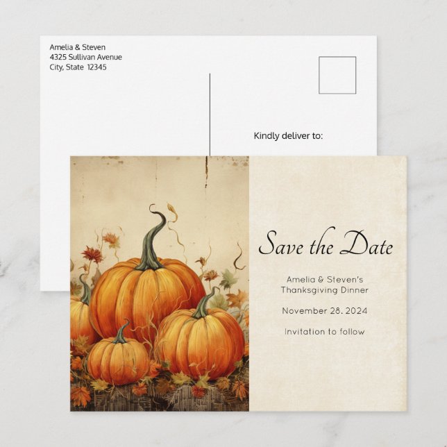 Orange Pumpkins Rustic Autumn Thanksgiving Announcement Postcard (Front/Back)