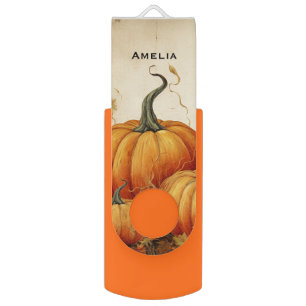 Orange Pumpkins Rustic Autumn Thanksgiving Flash Drive