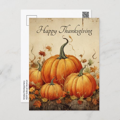 Orange Pumpkins Rustic Autumn Thanksgiving Holiday Postcard