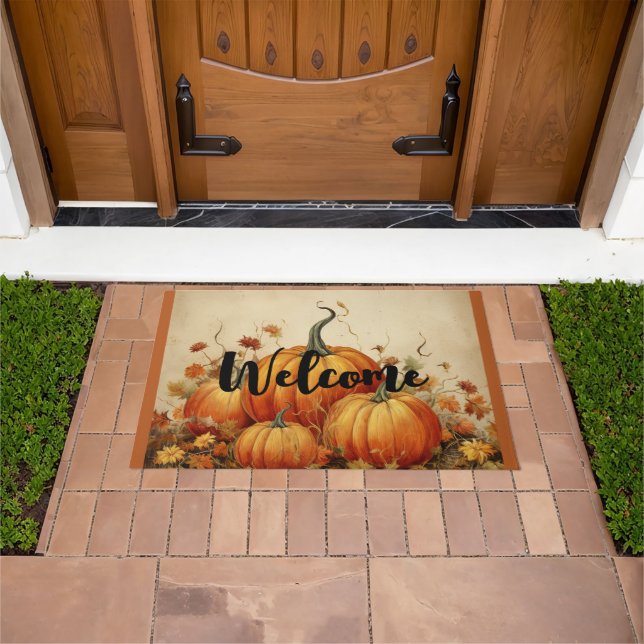 Orange Pumpkins Rustic Autumn Thanksgiving Welcome Doormat (Outdoor)