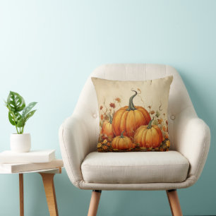 Orange Pumpkins Rustic Autumn Throw Pillow