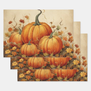Orange Pumpkins Rustic Autumn Wrapping Paper Sheets