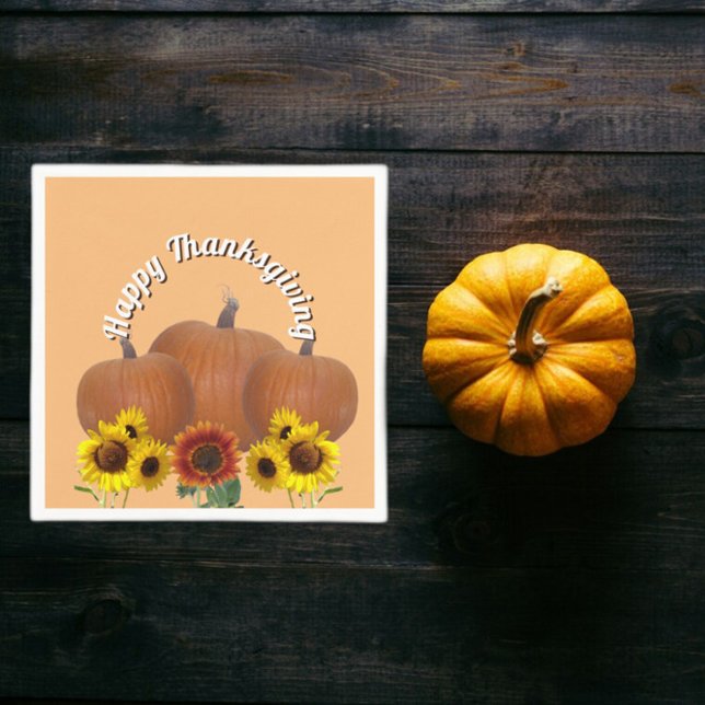 Orange Pumpkins with Sunflowers Happy Thanksgiving Napkins (Creator Uploaded)