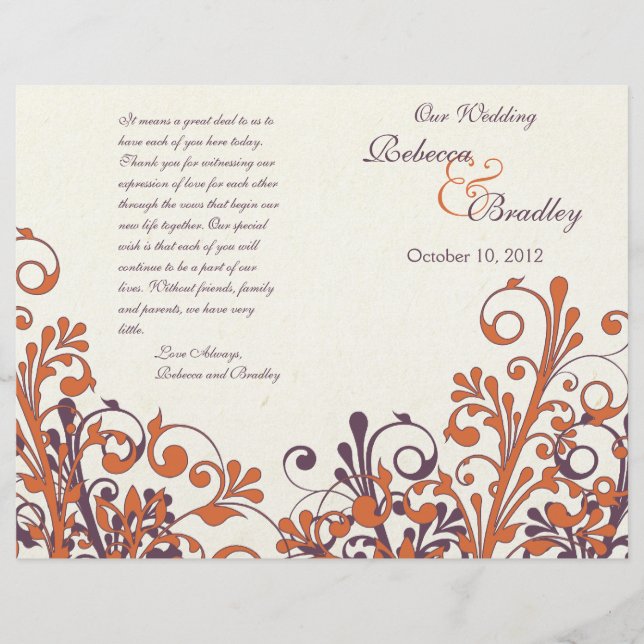 Orange Purple Abstract Fall Floral Wedding Program (Front)