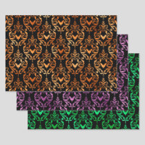 Orange, Purple, and Green Bat Halloween Damask Wrapping Paper Sheets
