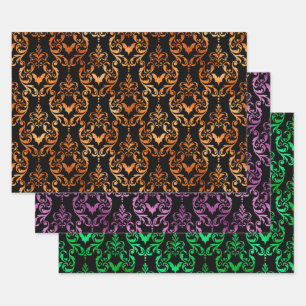 Orange, Purple, and Green Bat Halloween Damask Wrapping Paper Sheets