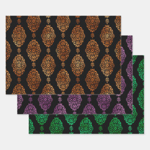 Orange, Purple, and Green Halloween Damask Wrapping Paper Sheets