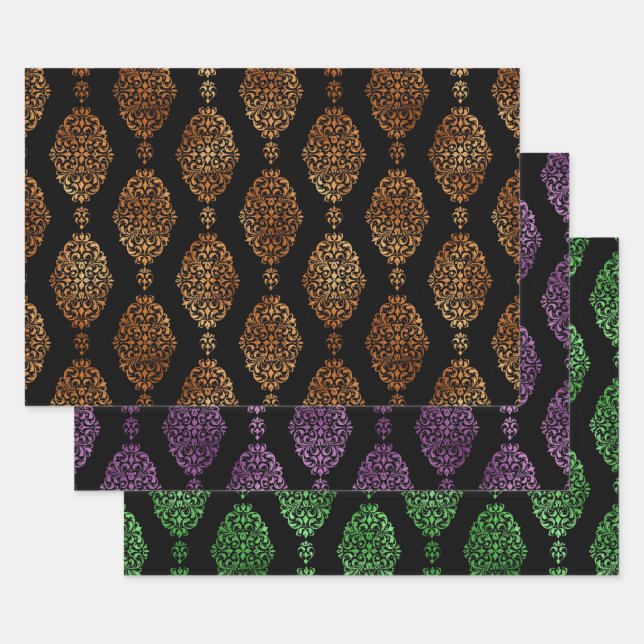 Orange, Purple, and Green Halloween Damask Wrapping Paper Sheets (Set)