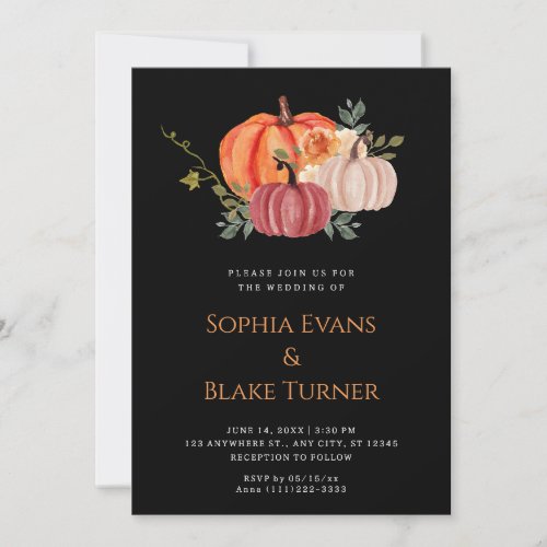 Orange Purple and White Pumpkin Black Wedding Invitation
