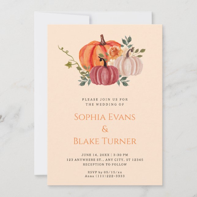Orange, Purple and White Pumpkin Yellow Wedding Invitation (Front)