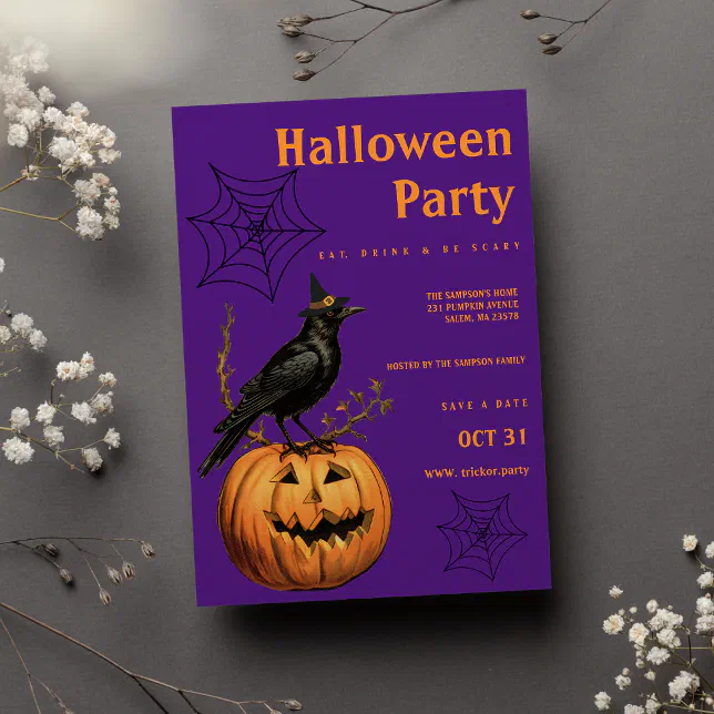 Orange purple bird jack lantern Halloween Party Invitation | Zazzle