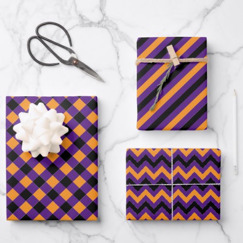 Orange Purple Black Chevron Striped Halloween Wrapping Paper Sheets