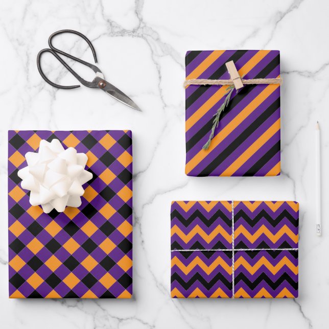 Orange Purple Black Chevron Striped Halloween Wrapping Paper Sheets (Front)
