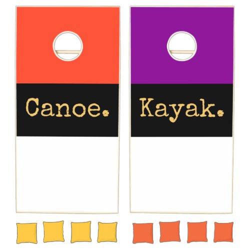 Orange Purple Black White Canoe Kayak Stripes Text Cornhole Set