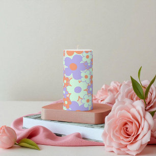 Orange Purple Blue Floral Retro Y2K Botanical Pillar Candle