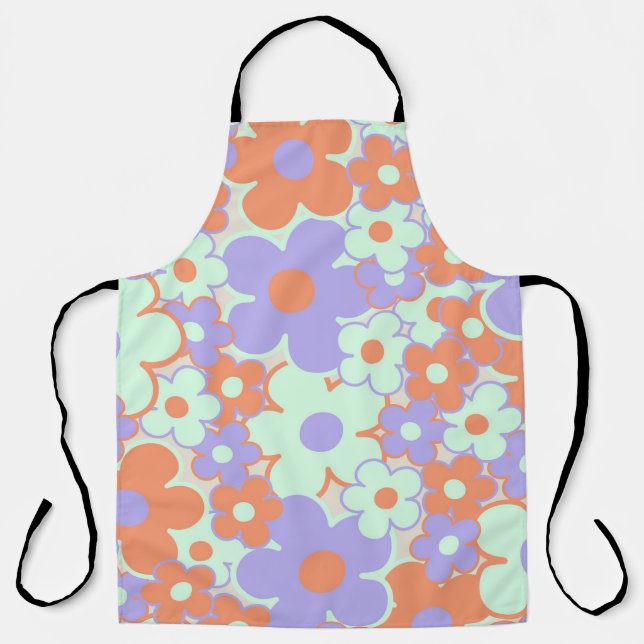 Orange Purple Blue Retro Y2K 70s Flower Pattern Apron (Front)