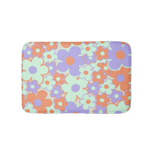 Orange Purple Blue Retro Y2K 70s Flower Pattern Bath Mat