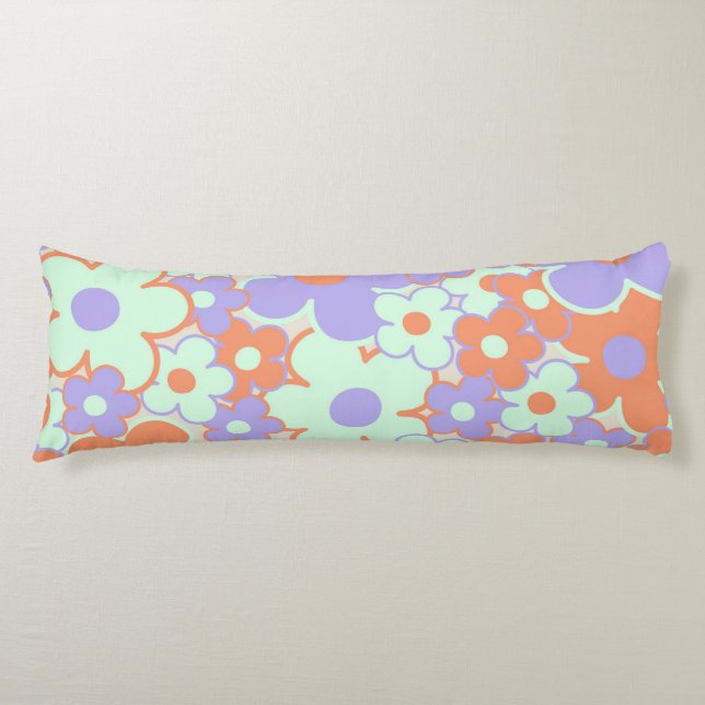 Orange Purple Blue Retro Y2K 70s Flower Pattern Body Pillow (Front)