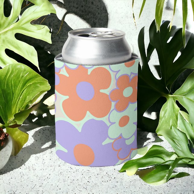 Orange Purple Blue Retro Y2K 70s Flower Pattern Can Cooler (Creator Uploaded)