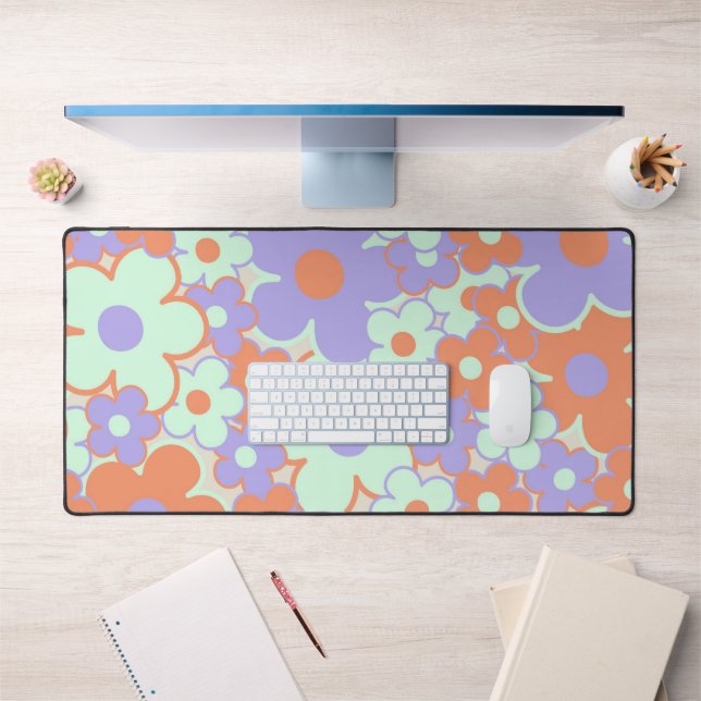 Orange Purple Blue Retro Y2K 70s Flower Pattern Desk Mat (Office 1)