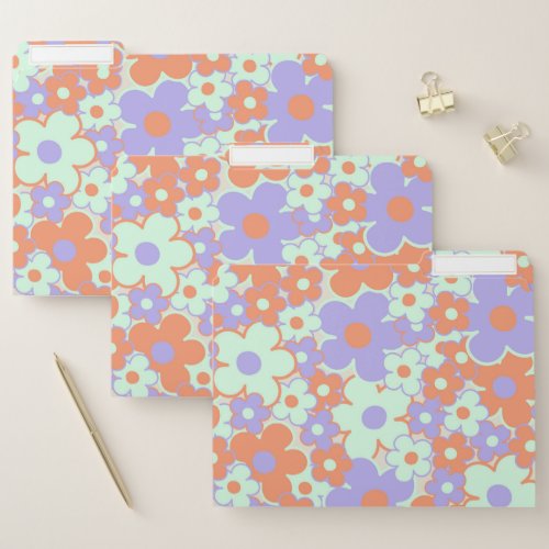 Orange Purple Blue Retro Y2K 70s Flower Pattern File Folder