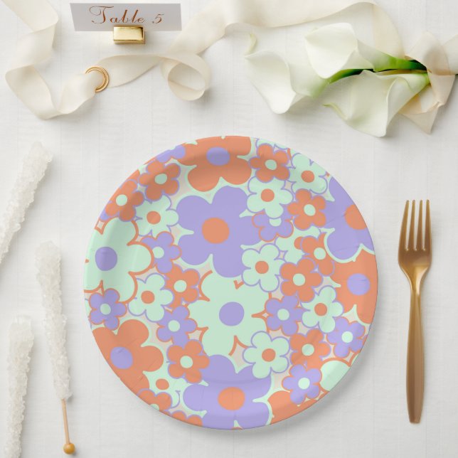Orange Purple Blue Retro Y2K 70s Flower Pattern Paper Plates (Wedding)