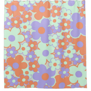 Orange Purple Blue Retro Y2K 70s Flower Pattern Shower Curtain