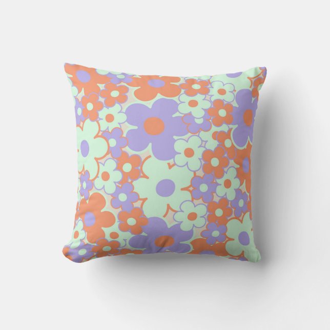 Orange Purple Blue Retro Y2K 70s Flower Pattern Throw Pillow (Front)
