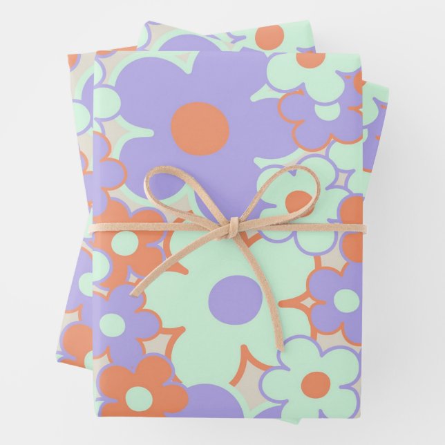 Orange Purple Blue Retro Y2K 70s Flower Pattern Wrapping Paper Sheets (In situ)