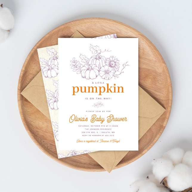 Orange Purple Burlap Little Pumpkin Baby Shower Invitation (Creator Uploaded)