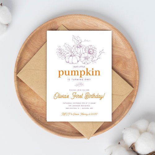 Orange Purple Burlap Little Pumpkin First Birthday Invitation