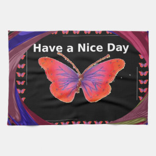 Orange Purple Butterfly Have a Nice Day Art Print Kitchen Towel