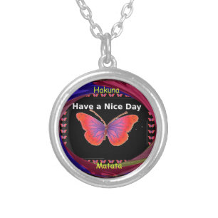 Orange Purple Butterfly Have a Nice Day Art Print Silver Plated Necklace